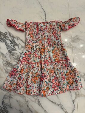 Poupette St. Barth White Floral Tiered Sundress with Pink and Orange Accents